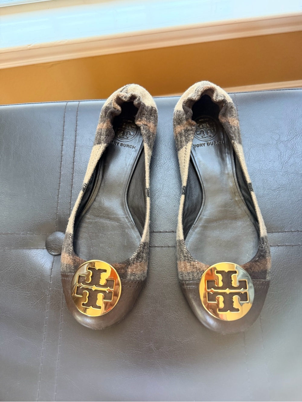 Tory Burch Plaid Brown and Black Reva Ballet Flats with Gold Logo